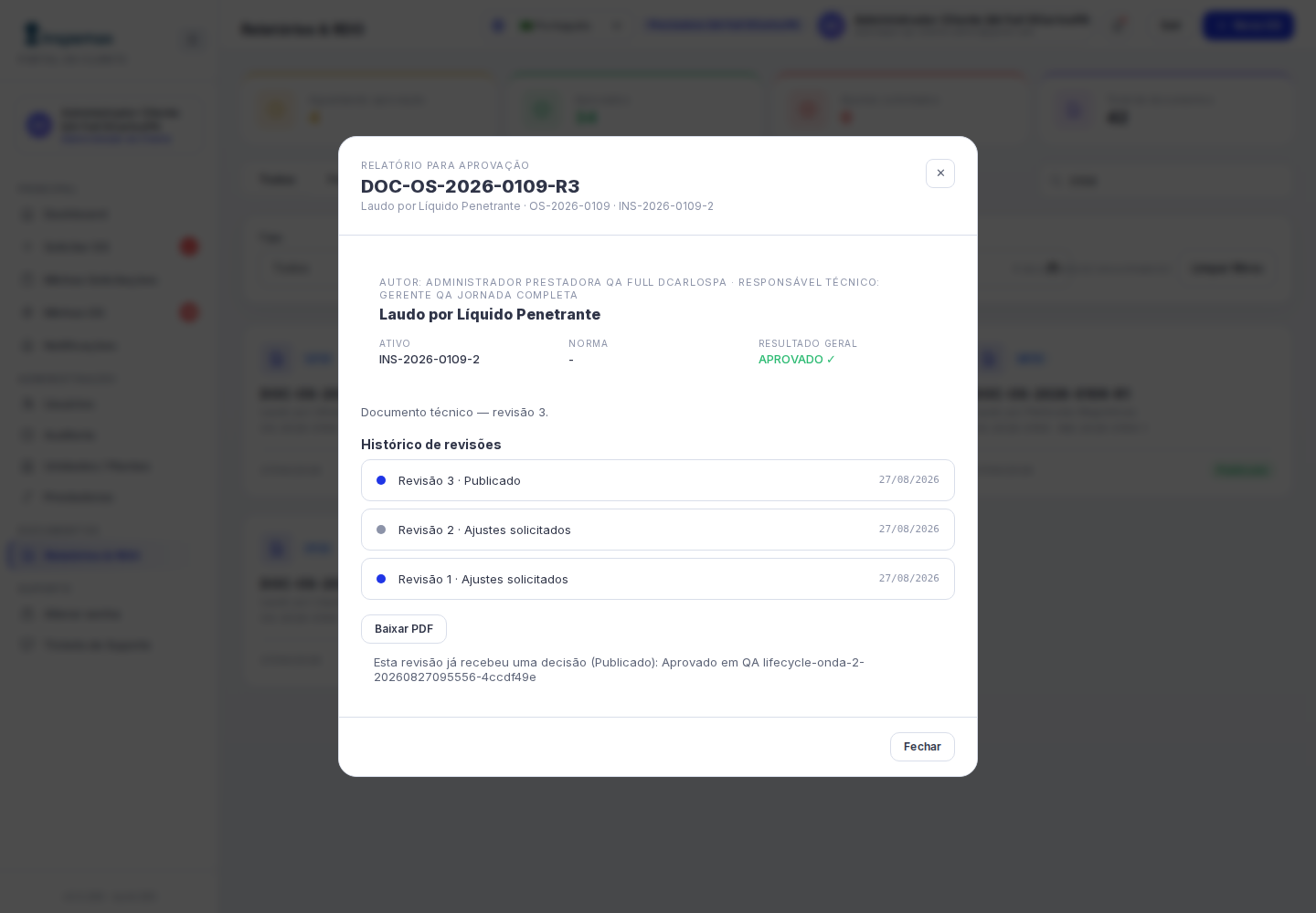 Relatório técnico com histórico de revisões no Portal do Cliente